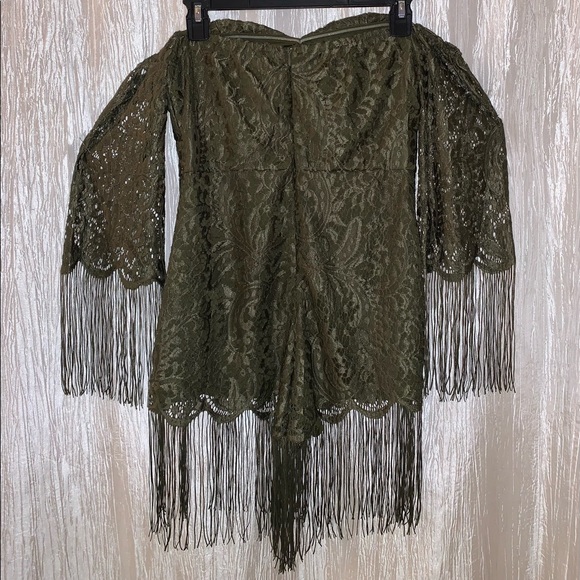 Original Olive Green Party Lace Shorts Romper Off-The-Shoulder with Fringe - Picture 2 of 5